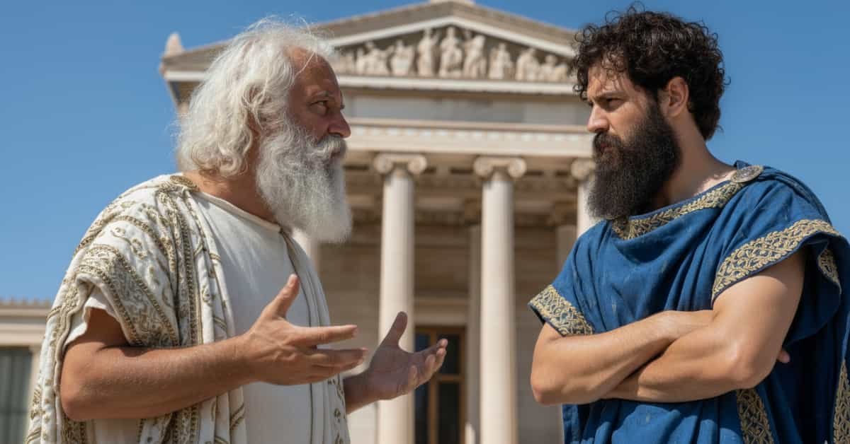 Platon en un debate junto a un discipulo en su Academia